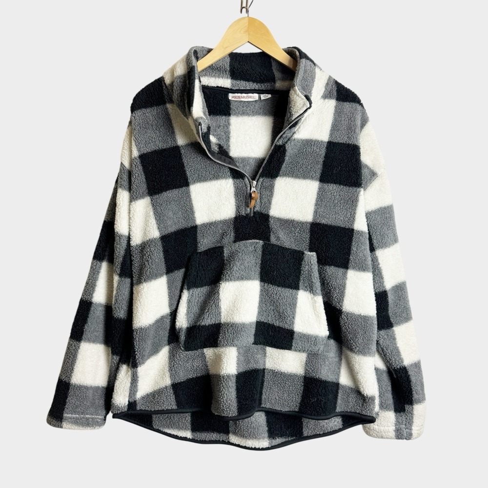 Jason Maxwell Women Large Checkered Buffalo Plaid 1/4 Zip Fleece Pullover Cabin